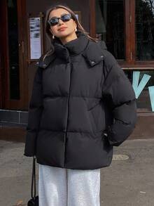 DAZY Jaket Wanita Model Fleece Tebal Longgar Warna Polos dengan Tudung untuk Musim Gugur/Musim Dingin - Hitam - View 13