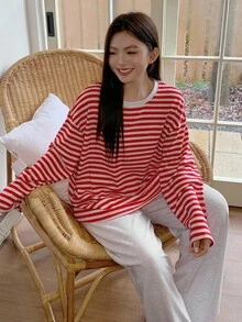 Dazy Plus 拼色条纹圆领宽松上衣和针织裤大码女式运动休闲睡衣套装，秋季，秋装 - 紅色 - 查看 8