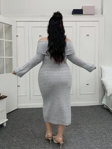 SHEIN EZwear 大码女式 3D 花卉装饰露肩长袖休闲针织连衣裙秋冬女装 - 灰色 - 查看 2