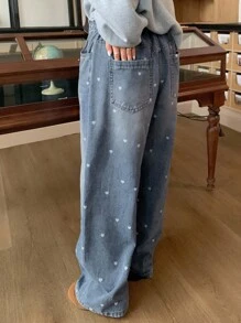 Dazy Plus 心形印花花卉宽松直筒水洗做旧长牛仔裤，四季皆宜 - 中等水洗藍 - 查看 2