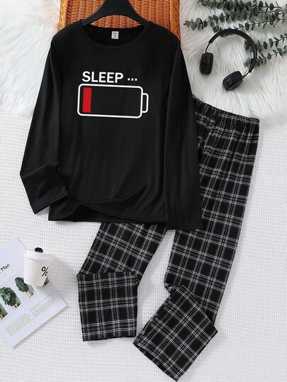 2pcs Baju Tidur Anak Laki-Laki Remaja Warna Hitam Lengan Panjang Atasan dengan Motif SLEEP, Celana Kotak-kotak, Set Piyama Rajut Lembut dan Nyaman untuk Musim Gugur/Dingin