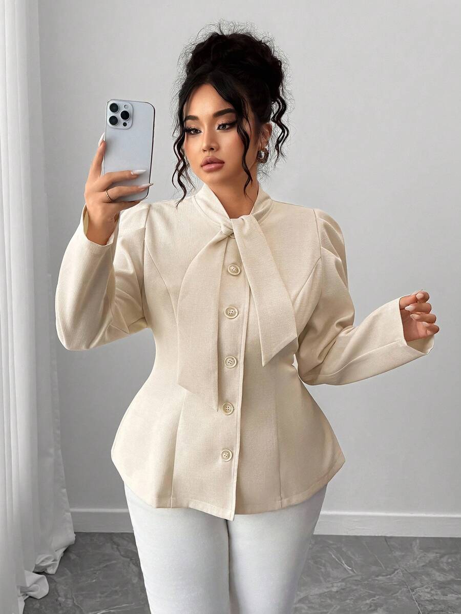 Elenzga Women's Elegant Waist Cinched Long Sleeve Stand Collar Tie Design Plus Size Jacket, Autumn/Winter Fall Cloth For Women