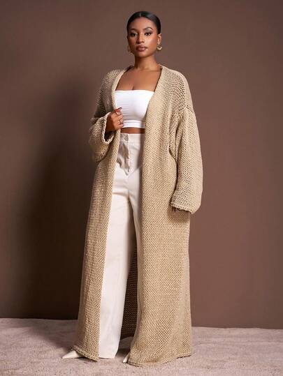 Veslaya Plus Size Women's Solid Color Drop Shoulder Long Sleeve Long Casual Knit Cardigan Plus Size Cardigan Long Cardigan Chunky Knit Cardigan Beige Cardigan Brown Cardigan In Fall/Winter