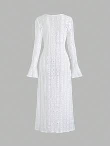 Sweetra 女式纯色V领修身长袖提花开衫薄款外套 - 白色 - 查看 2