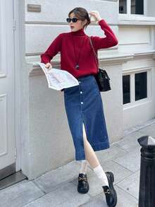 K-Vae Women's Autumn Dark Denim Blue Metal Button Decorated Denim Skirt,Fall Outfits Women , Going Out Outfits,Old Money,Homecoming Dress , Going Out Outfits ,Business Casual Woman