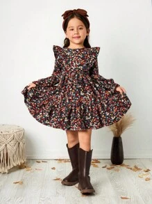 Emery Rose Kids Emery Rose Kids 年轻女孩碎花雪纺荷叶边泡泡袖休闲连衣裙 - 彩色 - 查看 2