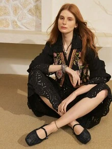 Styleloop 女士平底编织鞋，波西米亚风格度假装 - 黑色 - 查看 3