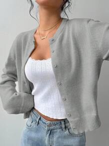 SHEIN BASICS 女款休閒純色圓領寬鬆短版長袖開襟針織外套，冬季外套 - 灰色 - 查看 7