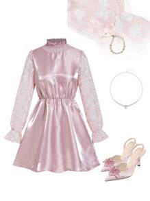 Ellevyn Robe courte élégante en jacquard rose à manches patchwork, convenant pour le port quotidien et pour de multiples occasions, automne - Rose bonbon - Voir 2