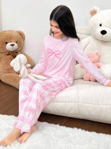 SHEIN 2 件套青少年女孩休闲睡衣套装，可爱蝴蝶结格子图案圆领长袖 T 恤和宽松裤子，舒适的针织家居服，适合秋冬季 - 淺粉色 - 查看 5