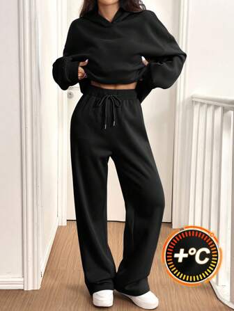 SHEIN EZwear 2pcs/Set Women Casual Thermal Lined Hoodie & Pants Set, Autumn/Winter
