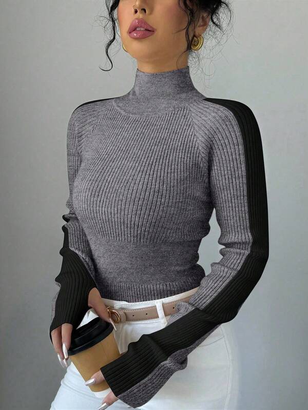 RosyDaze Sous-chemise à manches longues pour femmes, col montant, style minimaliste et décontracté, avec couleurs contrastées