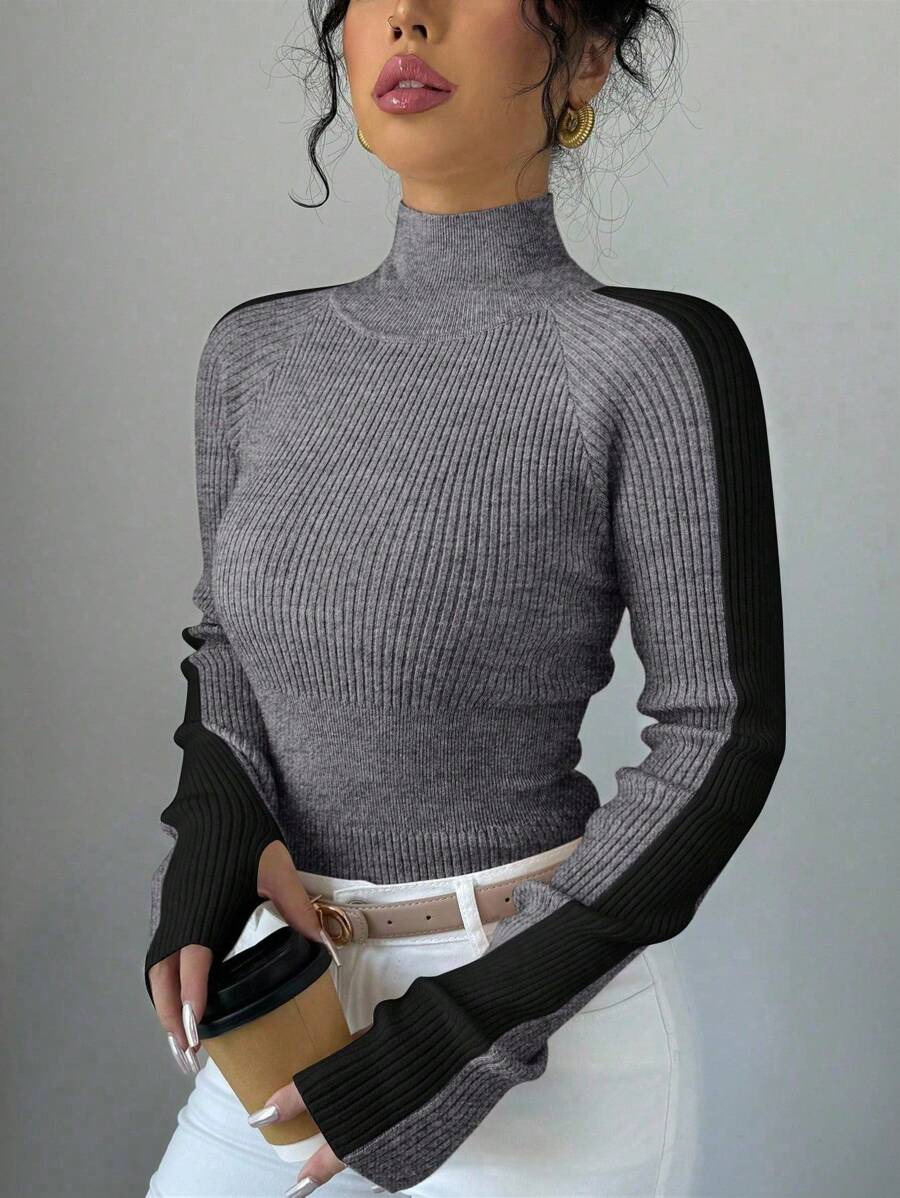 RosyDaze 女式简约休闲撞色立领长袖汗衫 - 淺灰色 - 查看 1