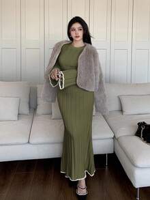 Feyla Vestido de suéter de manga larga ajustado para mujer, adecuado para uso diario en otoño/invierno - Verde militar - Ver 3