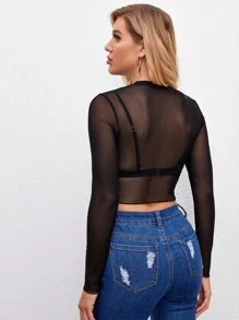 SHEIN BAE Sheer Mesh Long Sleeve Crop Top Without Bra - Black - View 2