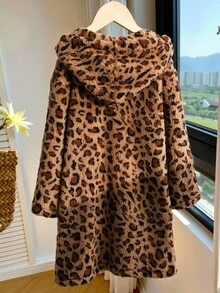 SHEIN 1 件女童豹纹蓬松连帽中长休闲夹克，适合外出和日常穿着，秋冬季 - 黃色 - 查看 3