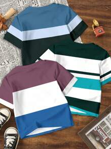 3 件套男童休闲短袖时尚酷炫经典拼色图案印花圆领 T 恤，适合夏季校园风格