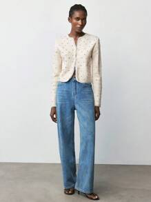 Maija Cardigan élégant à manches longues avec boutons frontaux et décoration de strass pour femmes - Blanc - Voir 4