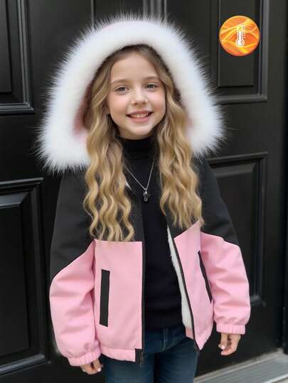 女孩休闲日常通勤保暖内衬拼色连帽拉链夹克，适合秋冬季、日常通勤、户外玩耍、街头穿着