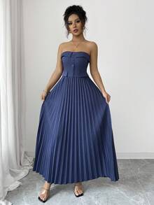 SHEIN Clasi Vestido de mujer de solapa elegante de una hilera con cintura ceñida y bolsillos, diseño minimalista, falda acampanada de talle alto, elástico, adecuado para el trabajo y el transporte, otoño/invierno - Azul Marino - Ver 6