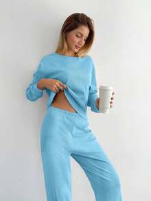 SHEIN Cottnline تي شيرت وبنطال قطني بلون موحد مضلع للنساء، للنساء الصغيرات - أخضر - مشاهدة 3
