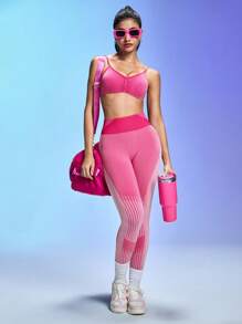 SHEIN Sovereign Charm Women's Matte Pink Sports Tank Top Ruched Sports Bra Push Up Sports Bras Molded Cup Sports Bra Dance Sports Bra - Pink - View 5