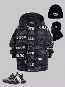 SHEIN Boys' Black Minimalist Letter Print Thermal Lined Zip-Up Hooded Jacket, Suitable For Winter Fall - Black - View 3