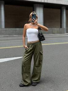 SHEIN Loose Casual Comfortable Mid-Waist Cargo Pocket Straight Leg Pants For Teen Girls Fall Winter - Army Green - View 2