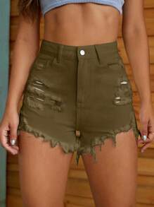 SHEIN EZwear 夏季休闲纯色破洞磨边牛仔短裤 - 軍綠色 - 查看 3