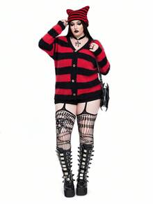 Whyspr 哥特朋克万圣节哥特式黑红条纹加大码开衫 - 彩色 - 查看 6