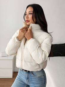 SHEIN PETITE 女士拉链夹棉大衣，日常穿着，秋冬季白色冬季大衣羽绒服女士冬季夹克外套女士羽绒服女士冬季羽绒服女士羽绒服 - 奶油色 - 查看 5
