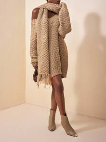 Zivah 2025 秋冬新款休闲百搭宽松卡其色 V 领长袖配围巾女毛衣裙，适合度假、外出装、约会夜装女士、旅行装机场、不对称荷叶边、日常、约会、毕业季、返校、通勤、休闲 -A - 卡其色 - 查看 3