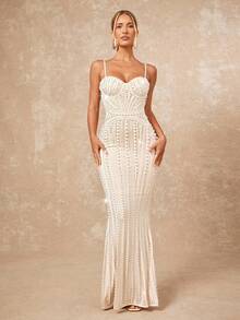 Lumalex Cream White Summer Elegant Formal Faux Pearls Rhinestone Detail Split Hem Bustier Slip Maxi Dress Luxury Prom Banquet Old Money Glitter Party Gown - Beige - View 3