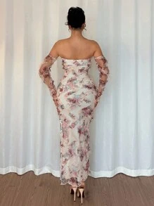 Vavine 女式优雅 3D 网眼印花荷叶边腰身开衩连衣裙 - 杏色 - 查看 2