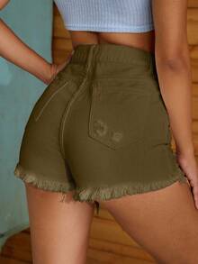 SHEIN EZwear 夏季休闲纯色破洞磨边牛仔短裤 - 軍綠色 - 查看 2