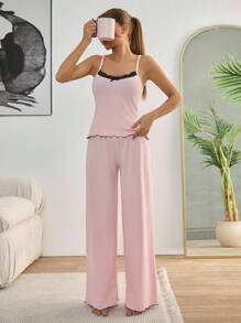 RueChic Plus 2Pcs Cotton Lace Trim Cami Top With Lace Detail Homewear Set - Pink - View 4