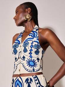 CAJUNI 女式露背椰子树图案休闲度假上衣 - 綠色 - 查看 1