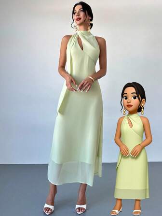 Firerie Vestido elegante y romántico para vacaciones y uso casual diario con cuello de corbata asimétrico sin mangas, cintura hueca y ajuste acampanado, color verde, adecuado para verano, fiesta de cumpleaños, invitado de boda, fiesta