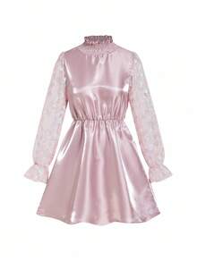 Ellevyn Robe courte élégante en jacquard rose à manches patchwork, convenant pour le port quotidien et pour de multiples occasions, automne - Rose bonbon - Voir 7