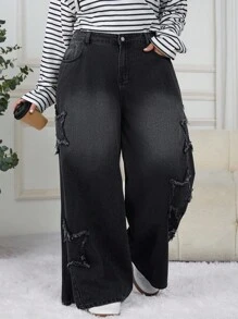 SHEIN CURVE+ 大码女式五角星磨边口袋阔腿宽松休闲牛仔裤 - 黑色 - 查看 1