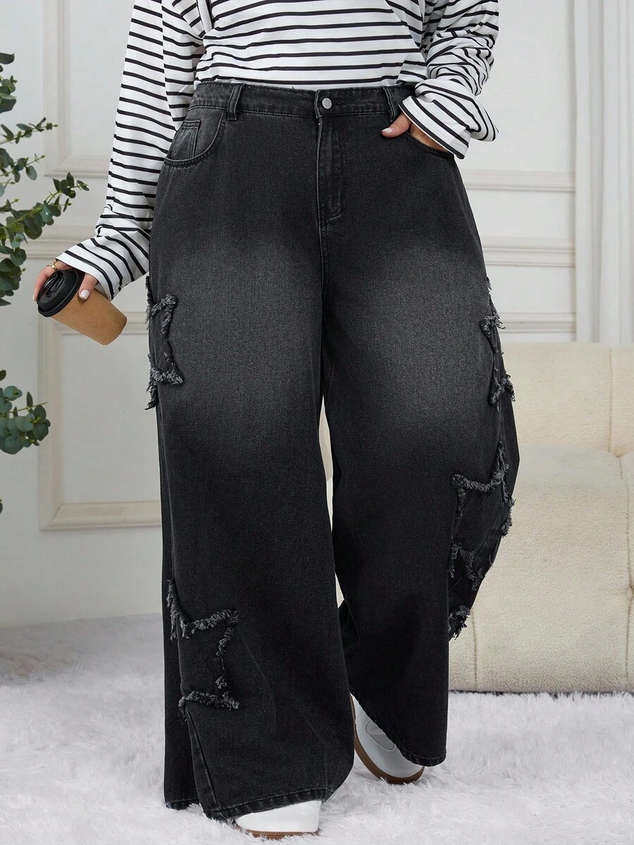 SHEIN CURVE+ 大码女式五角星磨边口袋阔腿宽松休闲牛仔裤 - 黑色 - 查看 1