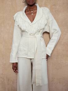 Lumalex VITNOS Women's Cream White Elegant Pointelle Knit Cardigan And Pants Set,Luxury Autumn Long Sleeve Fringe Design Outfits For Tea Party,Casual Comfy - Beige - View 6