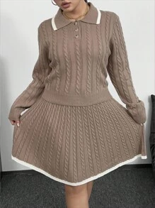 SHEIN POPSWAY Autumn/Winter European & American Style Cable Knit Texture Contrast Color Mini Skirt Set Fall Cloth For Women - Maroon - View 4