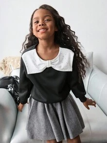 Maija Kids Maija Kids 小女孩圆领撞色蝴蝶结装饰卫衣女童黑白上衣女童水钻领上衣女童黑色蝴蝶结毛衣秋冬 - 黑色 - 查看 1