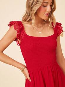SHEIN VCAY Women's Summer V-Neck Short Flutter Sleeve Solid Color Dress - Red - View 3
