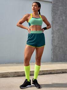 Powerista Green Colorblock Sports Bra And Shorts Set For Running & HIIT Workout Women Sets - Green - View 6