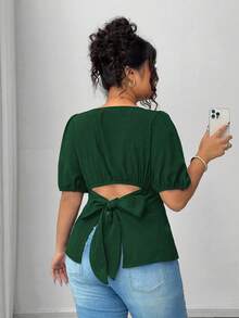 Elenzga 大码女式纯色泡泡袖短袖蝴蝶结露背优雅休闲衬衫，夏季 - 墨綠色 - 查看 5