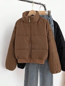 Tween Girls' Brown Padded Coat, Minimalist, Comfortable And Fashionable, Short Style, Suitable For Tween Girl, Super Fall Winter - Brown - View 7