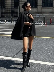 DAZY Women's Loose Solid Color Cloak Shawl Elegant Vintage Overcoat, Autumn/Winter Jacket - Black - View 4