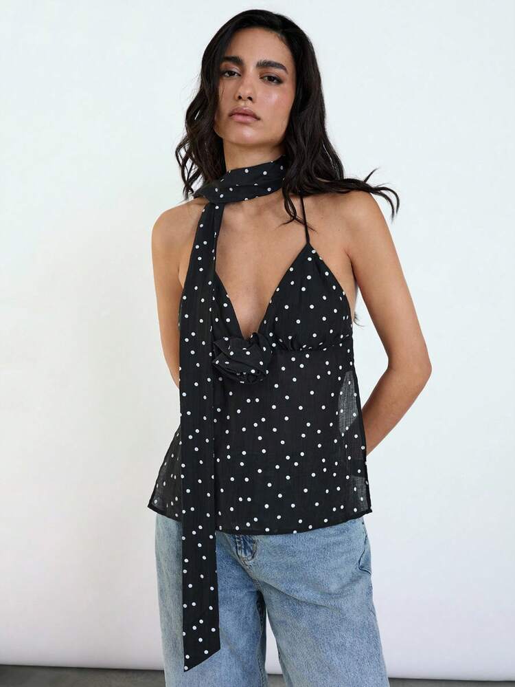 SHEIN Maija Women's Black And White Polka Dot Draped Neck Flowy Tank Top,Summer Elegent Night Out Wedding Guest Chic Retro Lyocell Lightweight Casual Wear